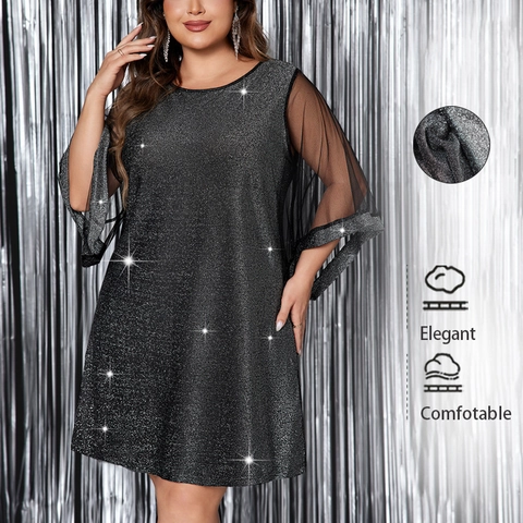 Dames Plus Size Pailletten Jurk Elegant Glitter Ronde Hals Mesh Patchwork Klokmouw Cape Mouw Los Feest Avond Midi Jurk
