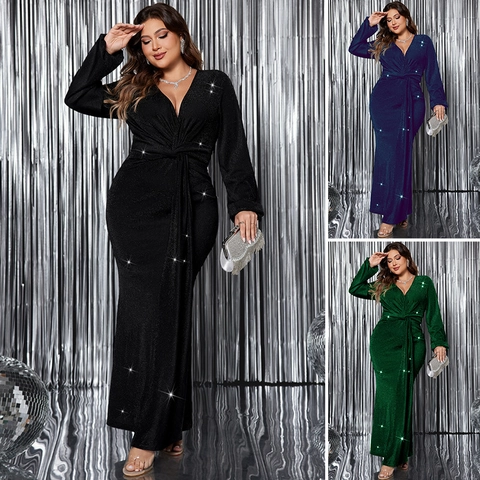 Abito da Sera Taglie Forti Scollo V Donna Luccicante Maniche Lunghe Elegante Matrimonio Festa Banchetto Slim Fit Maxi Abito