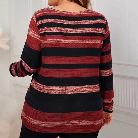 Women Plus Size Stripe V-Neck T-Shirt Long Sleeve Loose Casual Top With Metal Ring Zipper Front Fall Pullover Blouse