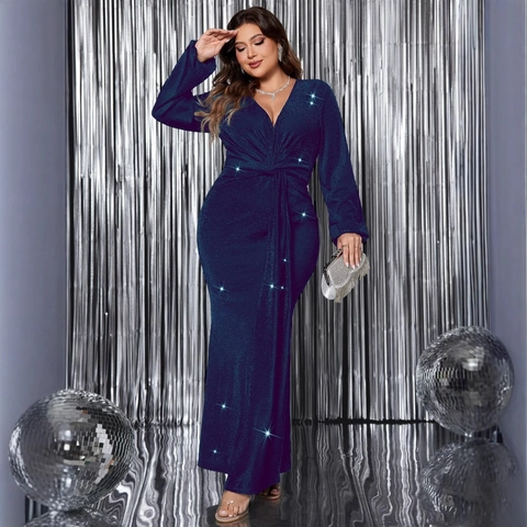Abito da Sera Taglie Forti Scollo V Donna Luccicante Maniche Lunghe Elegante Matrimonio Festa Banchetto Slim Fit Maxi Abito