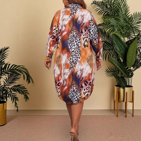 Damen Übergröße Leopardenmuster Hemdkleid Langarm Polokragen Button Down Asymmetrischer Saum Unregelmäßiges High-Low Maxikleid
