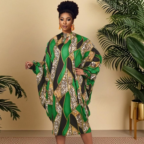 Dames Plus Size Vleermuismouw Midi-jurk Geometrische Luipaardprint Opstaande Kraag Keyhole Losse Elegante Lange Mouw Vakantie Jurk