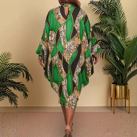 Dames Plus Size Vleermuismouw Midi-jurk Geometrische Luipaardprint Opstaande Kraag Keyhole Losse Elegante Lange Mouw Vakantie Jurk