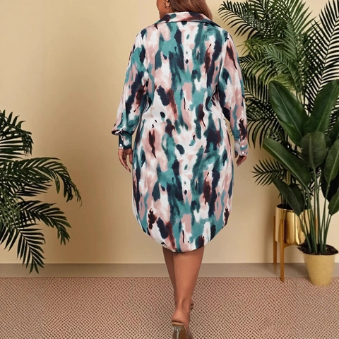 Damen Übergröße Langarm Hemdkleid Abstrakter Batik Druck Polo Kragen Kordelzug Saum Lockeres Lässiges Maxikleid