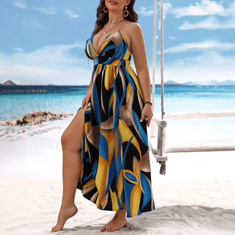 Plus Size Damen V-Ausschnitt Halter Maxi Kleid Sommer Strand Bohemian Abstrakt Druck Rückenfrei Seitenschlitz Resort Mode