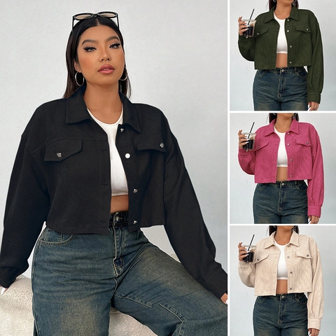 Women Plus Size Corduroy Jacket Short Solid Color Button Down Crop Coat Long Sleeve Loose Casual Outerwear With Flap Pockets