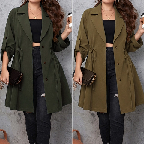 Damen Plus Size Casual Trenchcoat Mittellang Anzugkragen Kordelzug Taille Einfarbig Einreihige Jacke Oberbekleidung