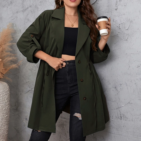 Damen Plus Size Casual Trenchcoat Mittellang Anzugkragen Kordelzug Taille Einfarbig Einreihige Jacke Oberbekleidung