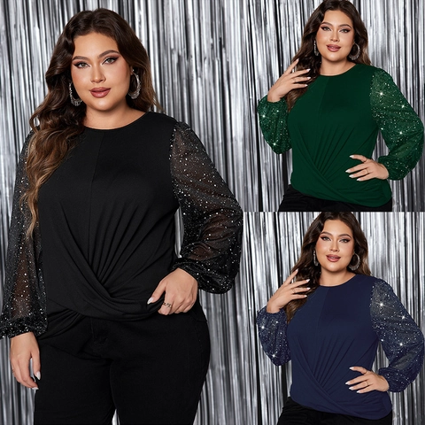 Blusa de Talla Grande para Mujer con Mangas de Linterna de Lentejuelas Cuello Redondo Elegante Nudo Retorcido Top de Fiesta