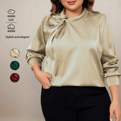 Women Plus Size Satin Blouse Elegant Twist Knot High Neck Long Sleeve Solid Color Office Fashion Commuter Satin Shirt Top