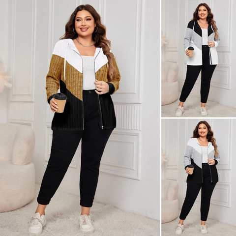 Damen Übergröße Color Block Kapuzenjacke Mit Reißverschluss Rippenstrick V Form Patchwork Jacke Lässig Herbst Winter