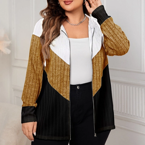 Damen Übergröße Color Block Kapuzenjacke Mit Reißverschluss Rippenstrick V Form Patchwork Jacke Lässig Herbst Winter