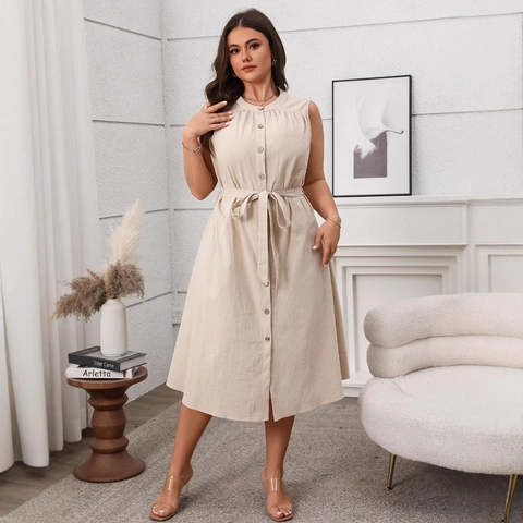 Abito Midi da Donna Taglie Forti Senza Maniche con Bottoni Casual in Cotone Tinta Unita Cintura Elegante Estivo a Trapezio