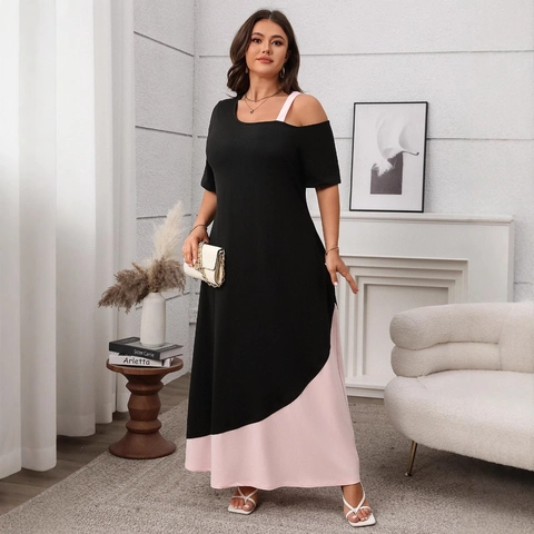 Damen Übergröße Maxikleid Asymmetrisch Schulterfrei Rosa Schwarz Patchwork A-Linie Sommerkleid Kurzarm Lässig Party Kleid