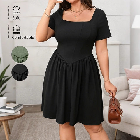 Plus Size Women Elegant Square Neck Short Sleeve Solid Color Slimming A-Line Pleated Midi Dress For Summer Office Daily Wear