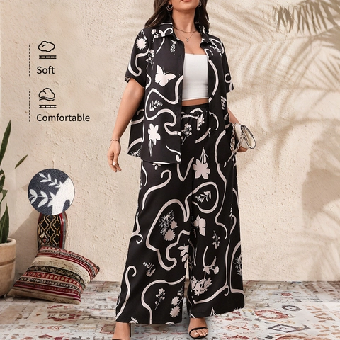 Damen Plus Size Outfits Blumen Schmetterling Druck Kurzarm Revers Hemd Und Weite Hose Top Und Hose Schwarz Weiß Casual Co-ords