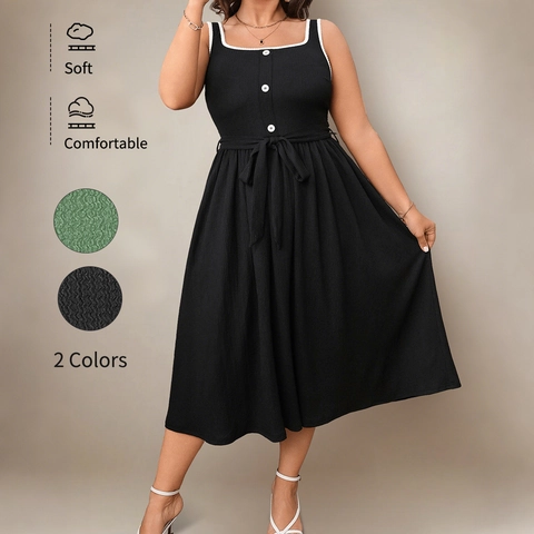 Women Plus Size Elegant Solid Color Maxi Dress Square Neck Sleeveless Lace Trim Backless A-Line Dress With Belt