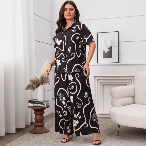 Damen Plus Size Outfits Blumen Schmetterling Druck Kurzarm Revers Hemd Und Weite Hose Top Und Hose Schwarz Weiß Casual Co-ords