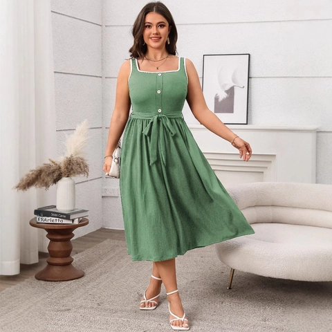 Women Plus Size Elegant Solid Color Maxi Dress Square Neck Sleeveless Lace Trim Backless A-Line Dress With Belt