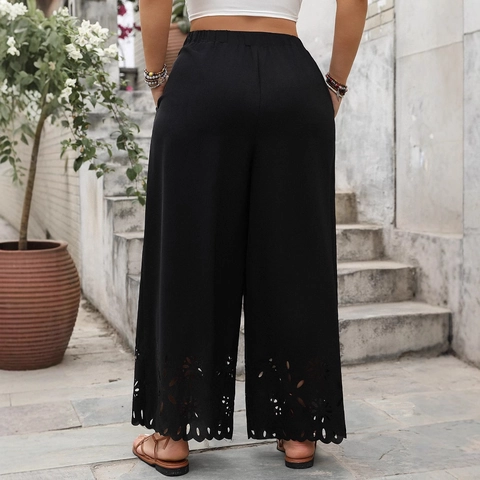 Damen Übergröße Weites Bein Hose Hohe Taille Laserschnitt Hohl Out Blumen Saum Lässig Schwarz Hose