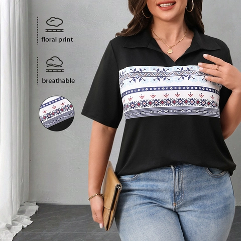 Polo Femme Grande Taille Manches Courtes Décontracté Col en V Imprimé Géométrique Ethnique Mélange Coton Polyester Top