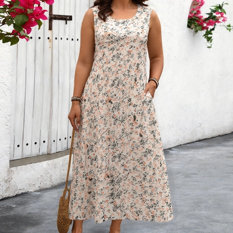 Vestido Largo Sin Mangas Floral De Talla Grande Para Mujer Cuello Redondo Línea A Vestido De Vacaciones Con Bolsillos Playa Casual