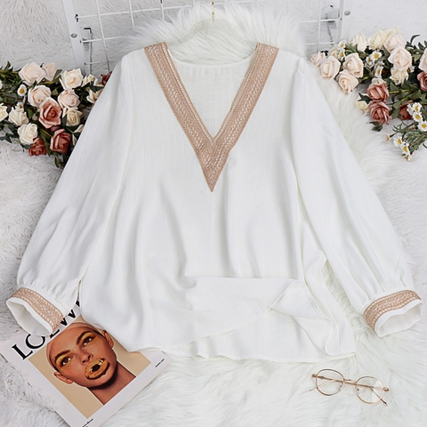 Damen Übergröße V Ausschnitt Weiße Bluse Casual Langarm Spitze Patchwork Top Lockere Schifffon Hemd Elegant Arbeit Party Tops