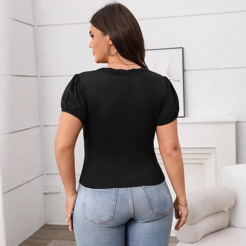 Camiseta de Talla Grande para Mujer Cuello en V de Encaje Manga Corta Top de Punto Ajustado Casual Color Sólido Manga Abullonada