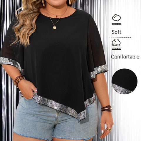 Plus Size Women Black Polyester Blouse With Silver Sequins Trim Irregular Hem Short Sleeve Round Neck Loose Casual Summer Top