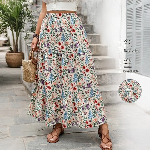 Bohemian Women Plus Size Off Shoulder Crop Top And Floral Print Tiered Maxi Skirt Set Holiday Summer Casual Outfit