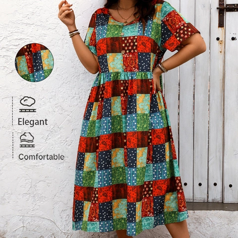 Vestito Maxi Donna Taglie Forti Bohemian Patchwork Floreale Manica Corta Girocollo Casual Estate Vacanze Spiaggia
