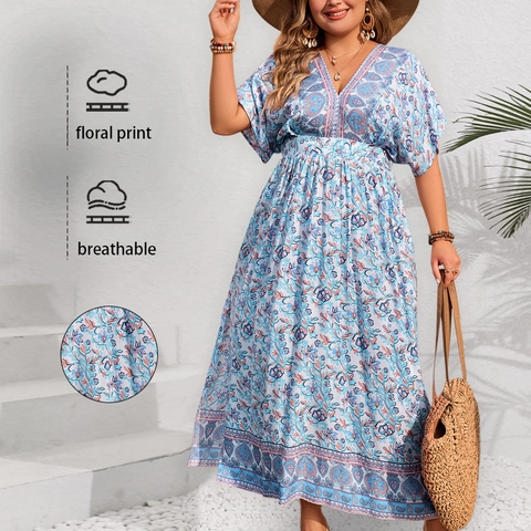 Dames Grote Maten Boheemse Bloemenprint V-Hals Korte Mouw Hoge Taille Maxi Jurk Zomer Vakantie Viscose Lange Jurk