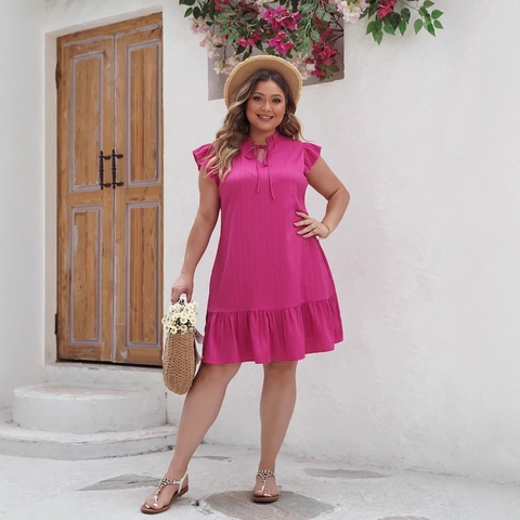 Damen Übergröße Einfarbig Rüschenärmel V Ausschnitt Schnürung Mini Kleid Lässig Lose Rippenstruktur Sommer Urlaub Party Kleid