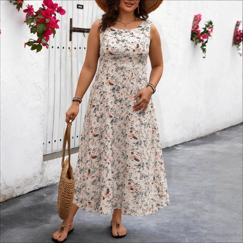Vestido Largo Sin Mangas Floral De Talla Grande Para Mujer Cuello Redondo Línea A Vestido De Vacaciones Con Bolsillos Playa Casual