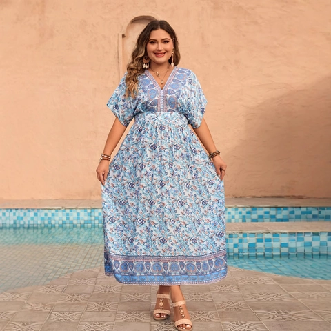 Dames Grote Maten Boheemse Bloemenprint V-Hals Korte Mouw Hoge Taille Maxi Jurk Zomer Vakantie Viscose Lange Jurk