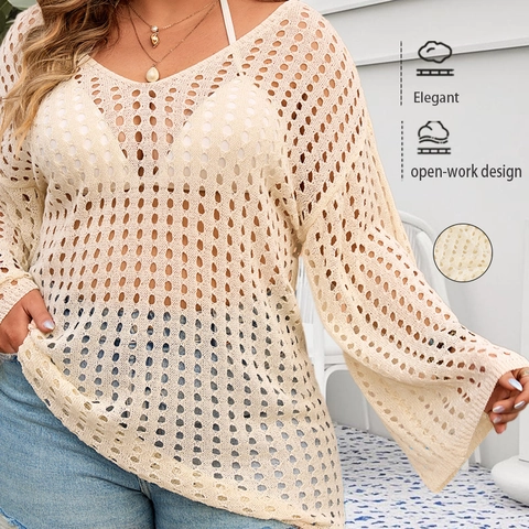 Plus Size Women Crochet Hollow Out Beach Cover Up Sexy V Neck Long Bell Sleeve Knitted Bikini Outerwear Top