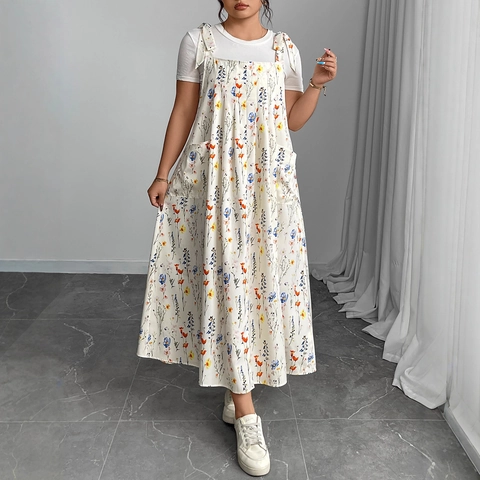 Damen Übergröße Blumenmuster Maxikleid und Weißes T-Shirt Top Set Lässiges Lockeres Trägerkleid Mit Taschen