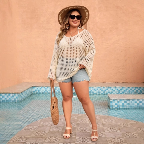 Plus Size Women Crochet Hollow Out Beach Cover Up Sexy V Neck Long Bell Sleeve Knitted Bikini Outerwear Top