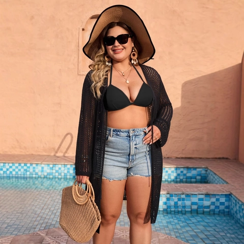 Women Plus Size Black Crochet Hollow Out Knit Cardigan Long Sleeve Beach Cover-Up Summer Sun Protection Resort Outerwear