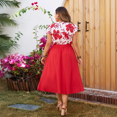 Dames Grote Maat V-hals Patchwork Bloemenprint Midi Jurk Korte Mouw A-lijn Zomer Vakantie Feest Rood Jurk
