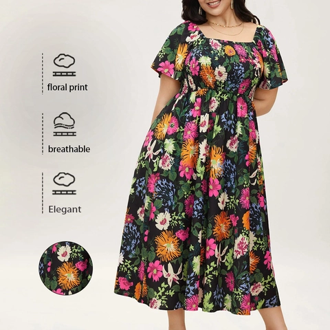 Vestido Largo de Talla Grande para Mujer Estampado Floral Cuello Cuadrado Fruncido Manga Abullonada Cintura Alta Línea A Verano Boho