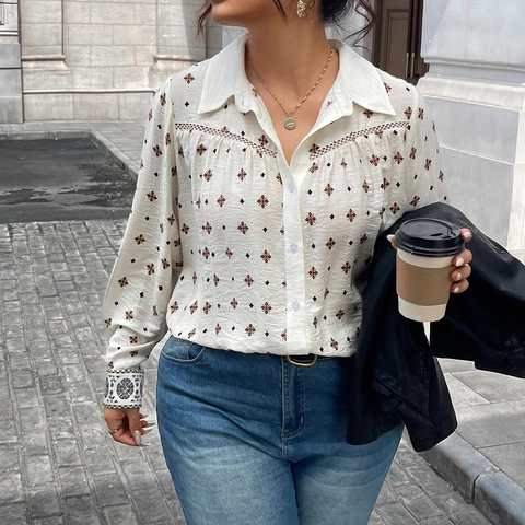 Damen Übergröße Vintage Blumen Viskose Polyamid Bluse Ajour Spitze Langarm Revers Kragen Lässig Elegant Top