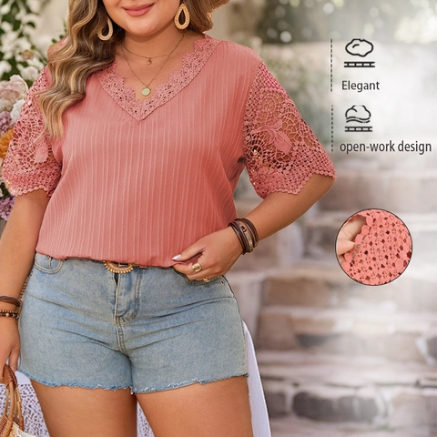 Women Plus Size Lace V Neck T Shirt Hollow Crochet Short Sleeve Ribbed Knit Casual Solid Color Top Elegant Summer Tee