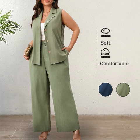 Damen Casual Baumwolle Ärmellos Weste Und Weites Bein Hose Set Einfarbig Sommer Pendler Büro Outfit