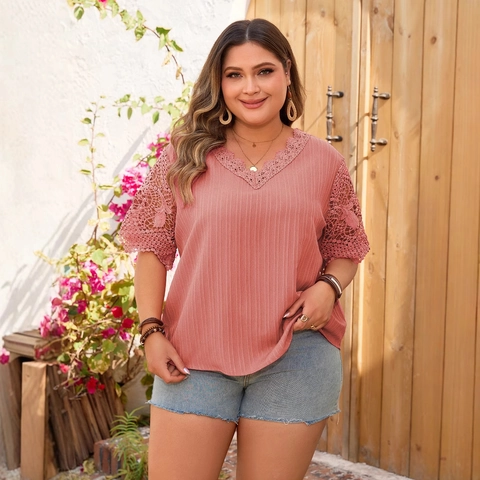 Women Plus Size Lace V Neck T Shirt Hollow Crochet Short Sleeve Ribbed Knit Casual Solid Color Top Elegant Summer Tee