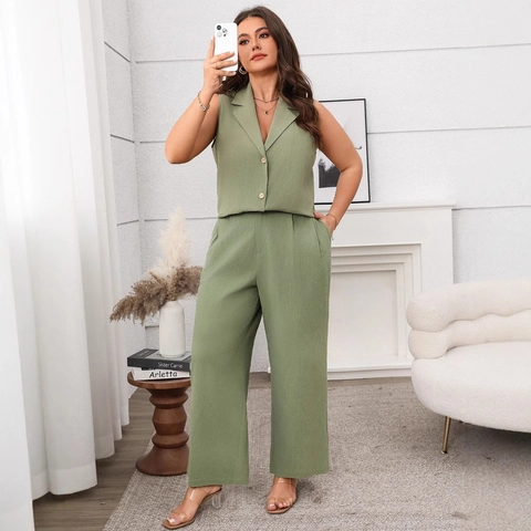 Damen Casual Baumwolle Ärmellos Weste Und Weites Bein Hose Set Einfarbig Sommer Pendler Büro Outfit