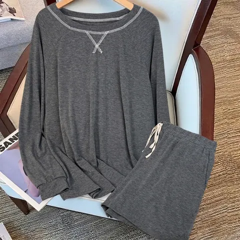 Conjunto Casual de Talla Grande para Mujer Gris Top de Manga Larga con Cuello Redondo Y Pantalones con Cordón Traje de Casa Cómodo de Dos Piezas