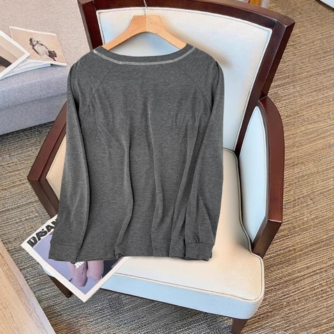 Conjunto Casual de Talla Grande para Mujer Gris Top de Manga Larga con Cuello Redondo Y Pantalones con Cordón Traje de Casa Cómodo de Dos Piezas