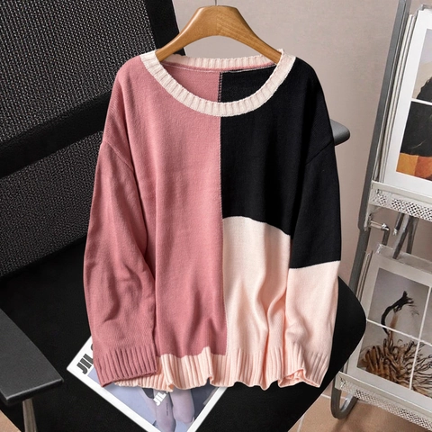 Pull en Tricot Ample pour Femme Patchwork Col Rond Manches Longues Pullover en Acrylique pour Automne Hiver Tops Décontractés
