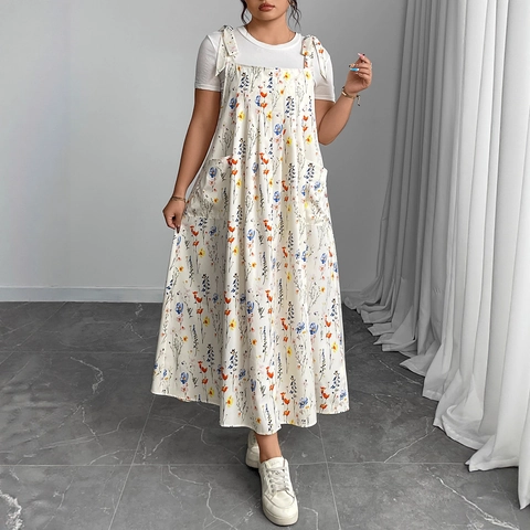 Damen Übergröße Blumenmuster Maxikleid und Weißes T-Shirt Top Set Lässiges Lockeres Trägerkleid Mit Taschen
